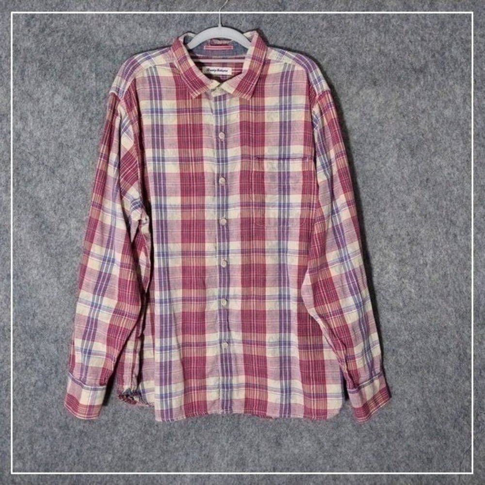 Tommy Bahama Shirt Men 2XL Pink Plaid Floral Button Long Sleeve Coastal Resort